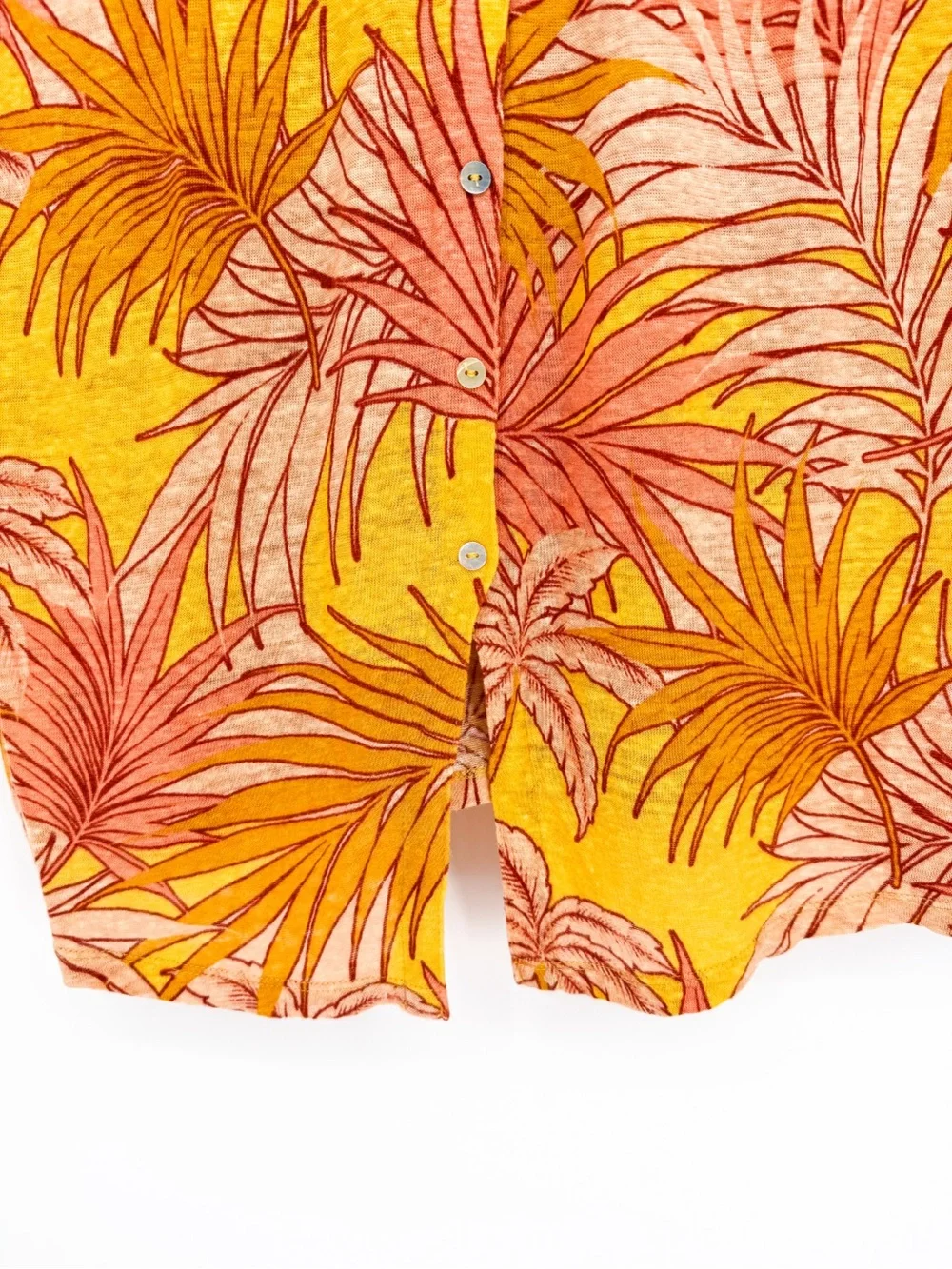 Tahari 100% Linen Tropical Palm Print Top Button Back Yellow XL
